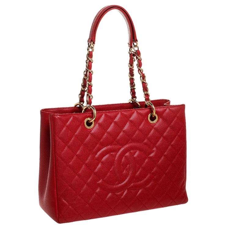Pre Owned Chanel Red Quilted Caviar Leather Grand Shopping Tote