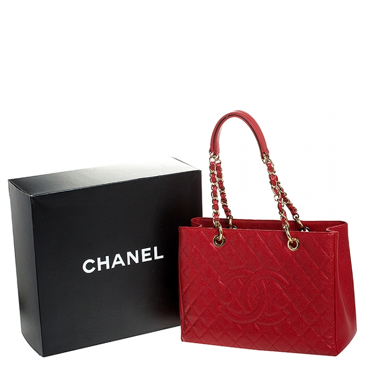 Pre Owned Chanel Red Quilted Caviar Leather Grand Shopping Tote