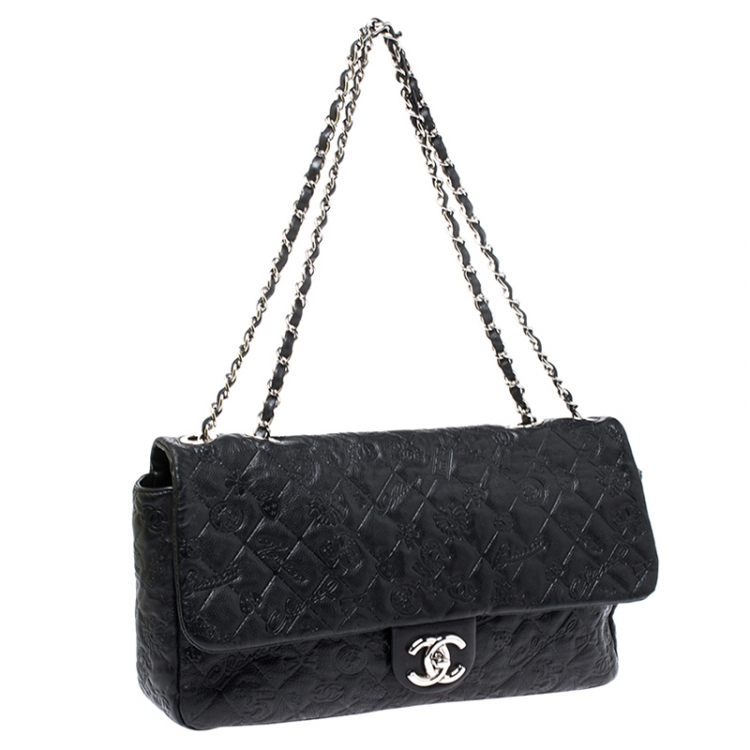 Pre Owned Chanel Black Lucky Charm Embossed Leather CC Flap Bag