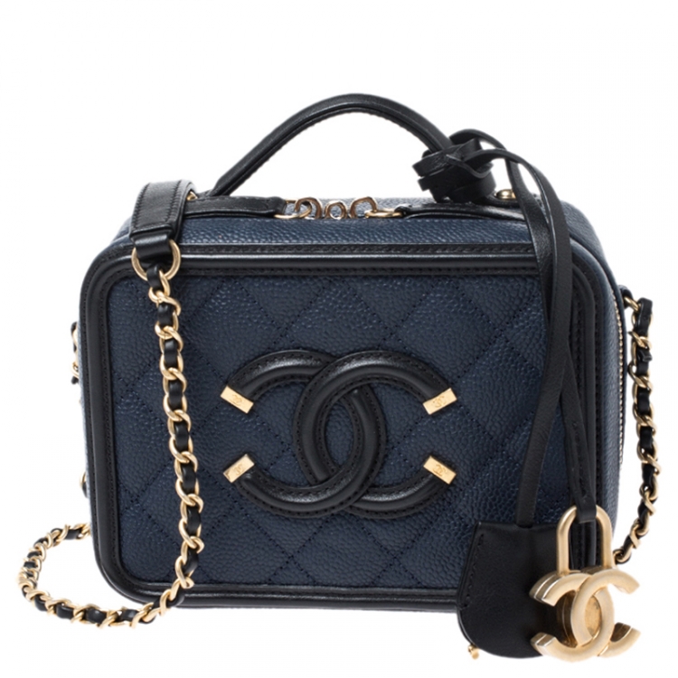 Chanel NavyBlack Quilted Caviar Leather Medium CC Filigree Vanity Case Bag   STYLISHTOP