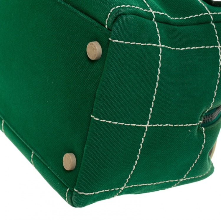 Pre Owned Chanel Green Chocolate Bar Stitch Canvas Boston Bag