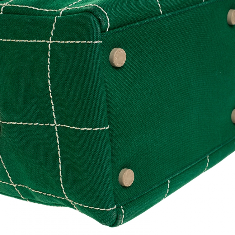 Pre Owned Chanel Green Chocolate Bar Stitch Canvas Boston Bag