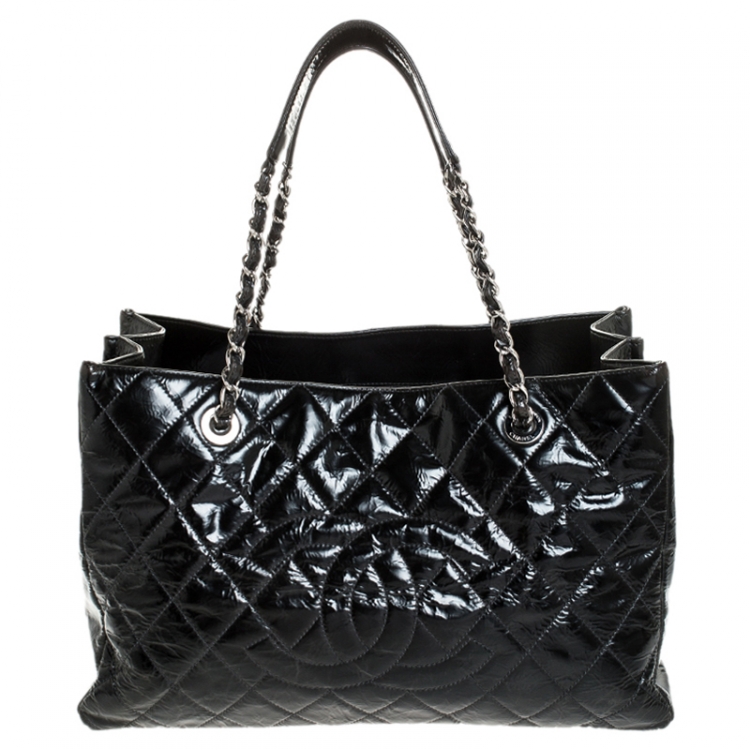 Chanel Black Quilted Crackled Glossy Leather Grand Shopper Tote
