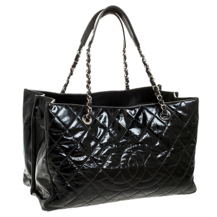 Pre Owned Chanel Black Quilted Crackled Glossy Leather Grand Shopper Tote