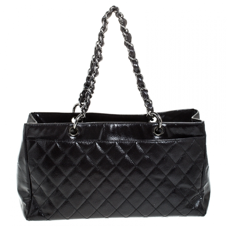 Pre Owned Chanel Black Quilted Caviar Patent Leather Shopper Tote