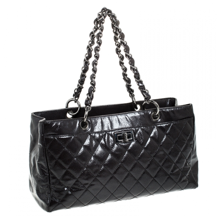 Pre Owned Chanel Black Quilted Caviar Patent Leather Shopper Tote