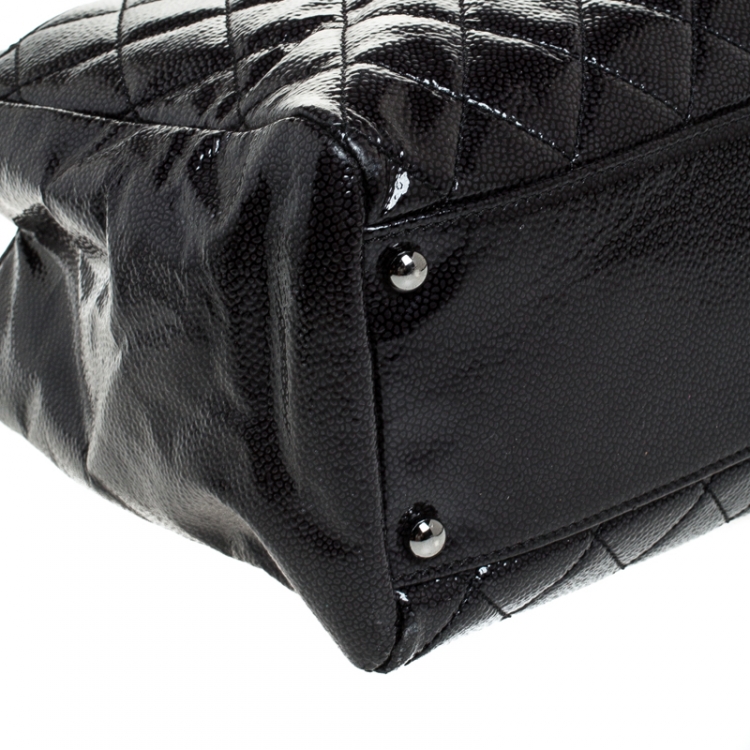 Pre Owned Chanel Black Quilted Caviar Patent Leather Shopper Tote