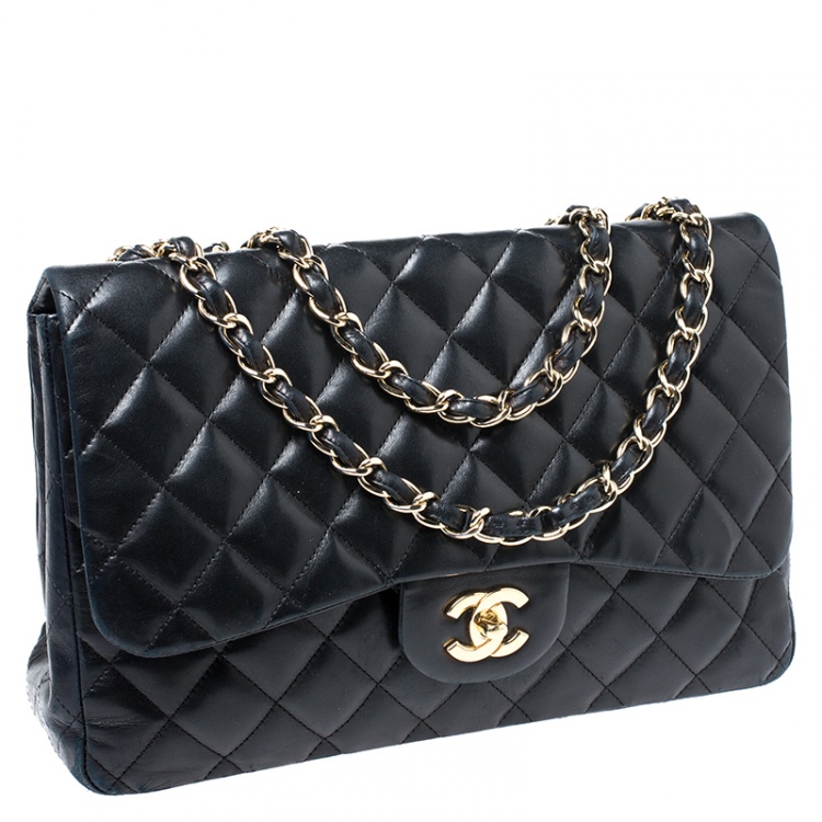 Pre Owned Chanel Black Quilted Leather Jumbo Classic Single Flap Bag