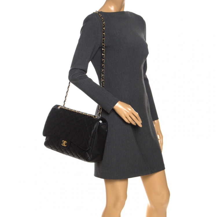Pre Owned Chanel Black Quilted Caviar Leather Maxi Classic Single Flap Bag
