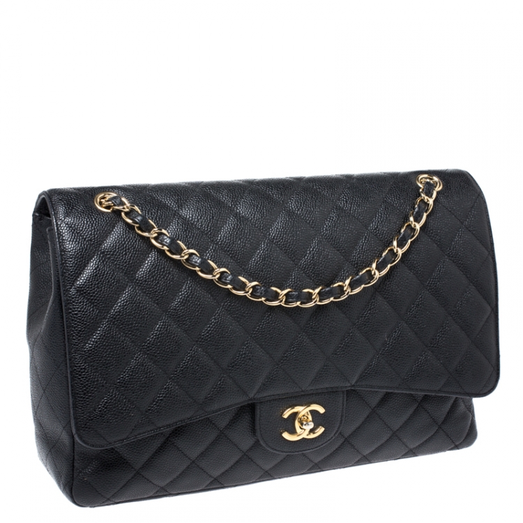 Pre Owned Chanel Black Quilted Caviar Leather Maxi Classic Single Flap Bag