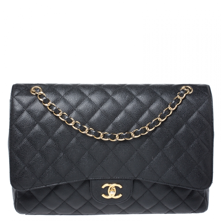 Pre Owned Chanel Black Quilted Caviar Leather Maxi Classic Single Flap Bag