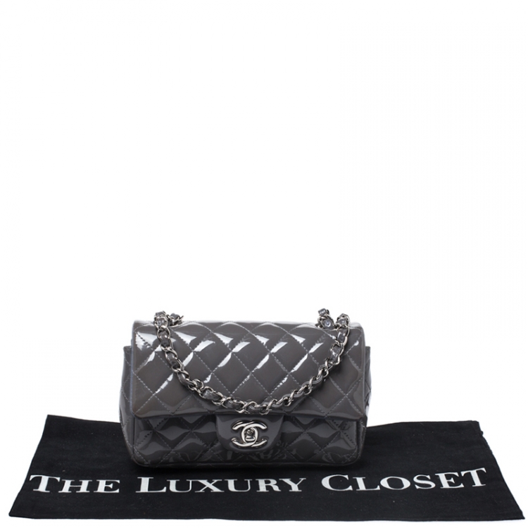 Pre Owned Chanel Grey Quilted Patent Leather Mini Flap Bag