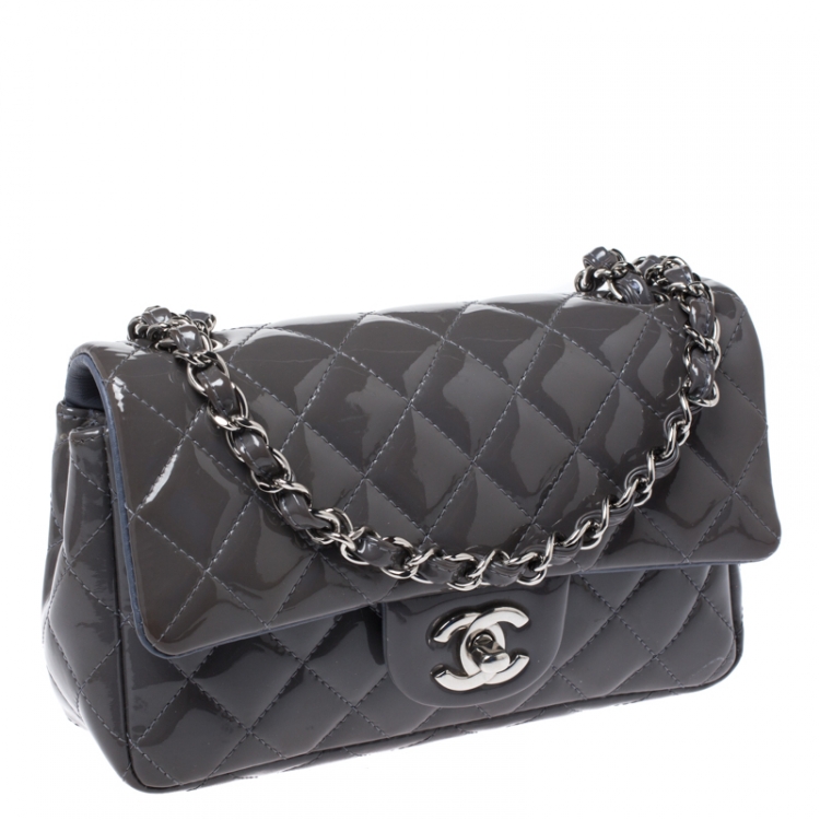 Pre Owned Chanel Grey Quilted Patent Leather Mini Flap Bag