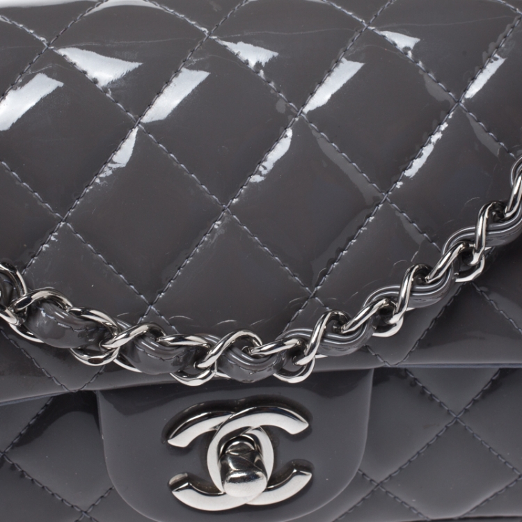 Pre Owned Chanel Grey Quilted Patent Leather Mini Flap Bag