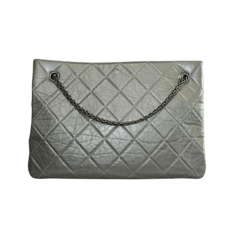 Pre Owned Chanel Grey Quited Leather Metallic Reissue Tote Bag