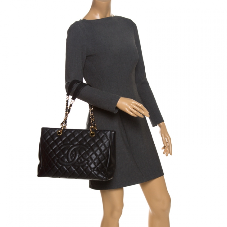Pre Owned Chanel Black Quilted Caviar Leather Grand Shopper Tote