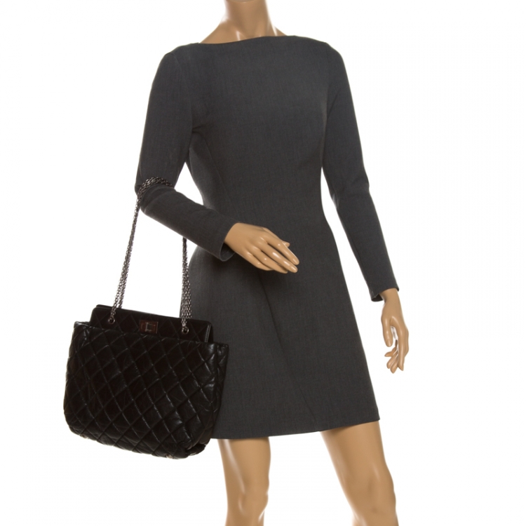 Pre Owned Chanel Black Quilted Aged Calfskin Leather Large Reissue Tote