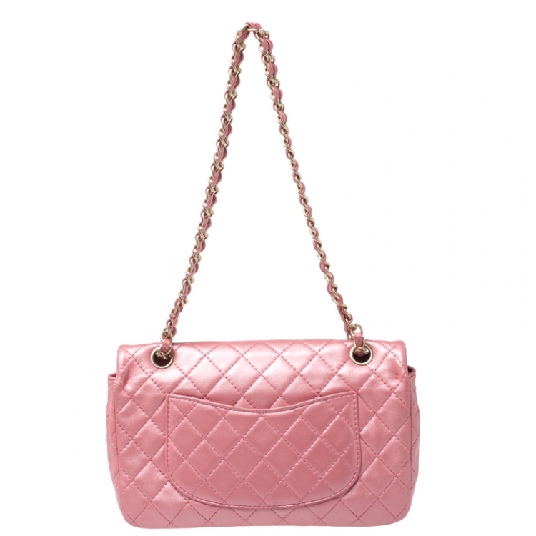 Pre Owned Chanel Metallic Pink Quilted Leather Crystal CC Single Flap Shoulder Bag