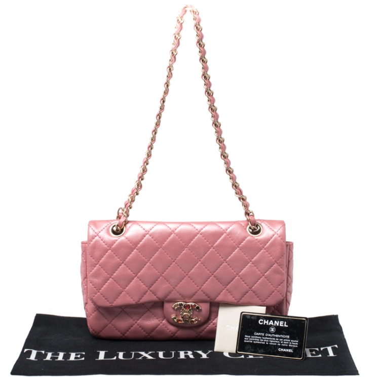 Pre Owned Chanel Metallic Pink Quilted Leather Crystal CC Single Flap Shoulder Bag