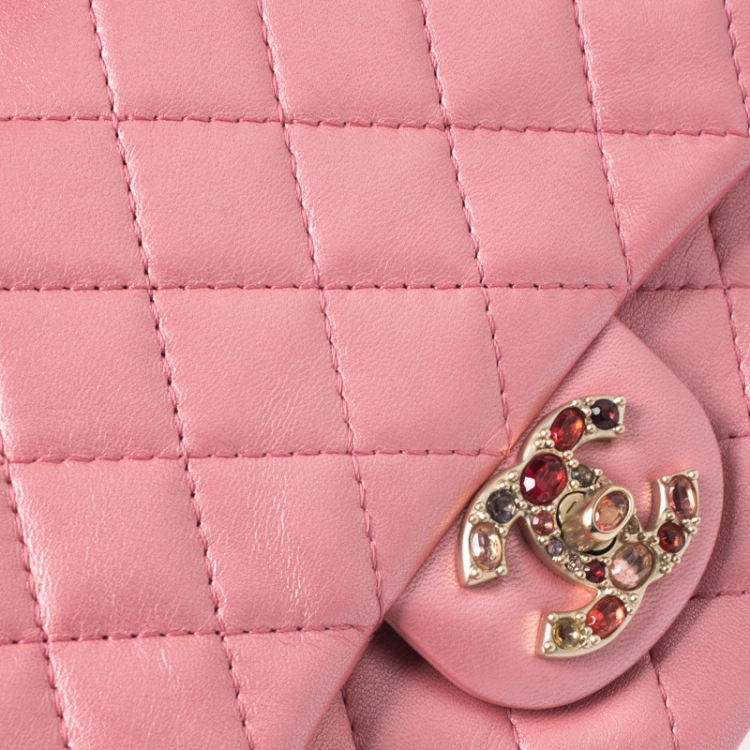 Pre Owned Chanel Metallic Pink Quilted Leather Crystal CC Single Flap Shoulder Bag
