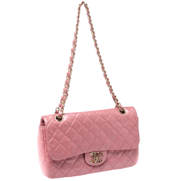 Pre Owned Chanel Metallic Pink Quilted Leather Crystal CC Single Flap Shoulder Bag