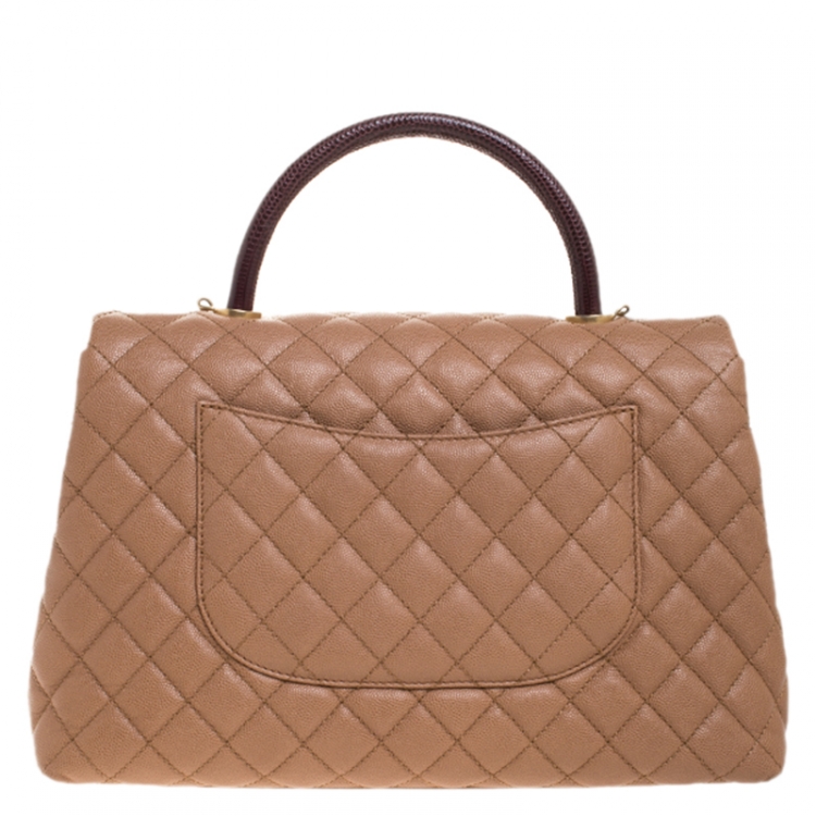 Pre Owned Chanel Beige/Maroon Caviar Leather and Lizard Medium Coco Top Handle Bag