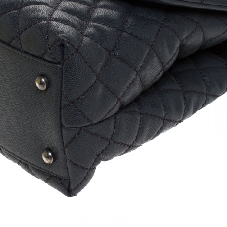 Pre Owned Chanel Grey Quilted Caviar Leather Large Quilted Coco Top Handle Bag
