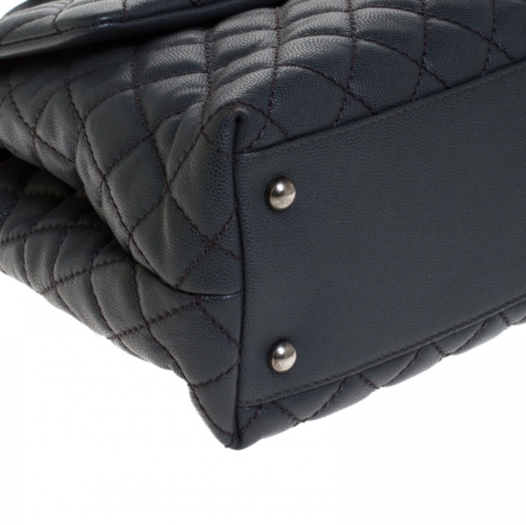 Pre Owned Chanel Grey Quilted Caviar Leather Large Quilted Coco Top Handle Bag