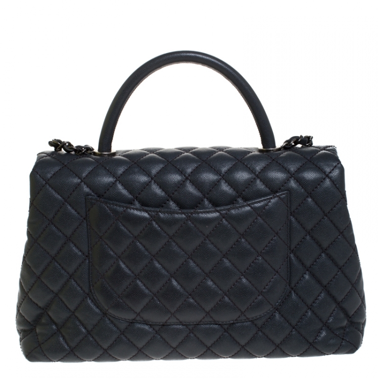 Pre Owned Chanel Grey Quilted Caviar Leather Large Quilted Coco Top Handle Bag