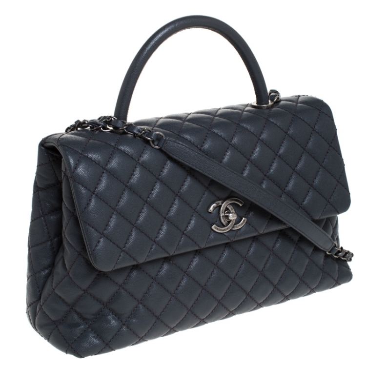 Pre Owned Chanel Grey Quilted Caviar Leather Large Quilted Coco Top Handle Bag