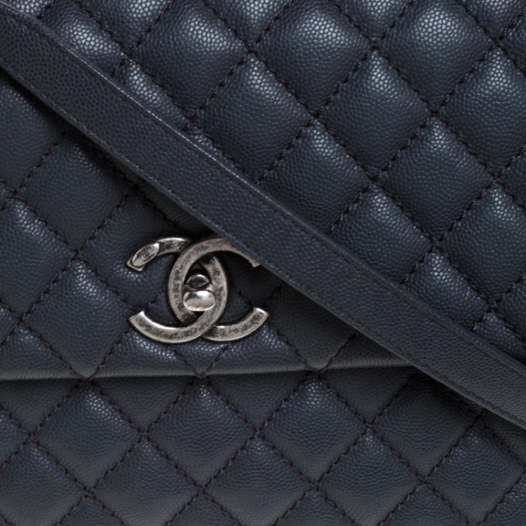 Pre Owned Chanel Grey Quilted Caviar Leather Large Quilted Coco Top Handle Bag