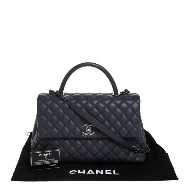 Pre Owned Chanel Grey Quilted Caviar Leather Large Quilted Coco Top Handle Bag