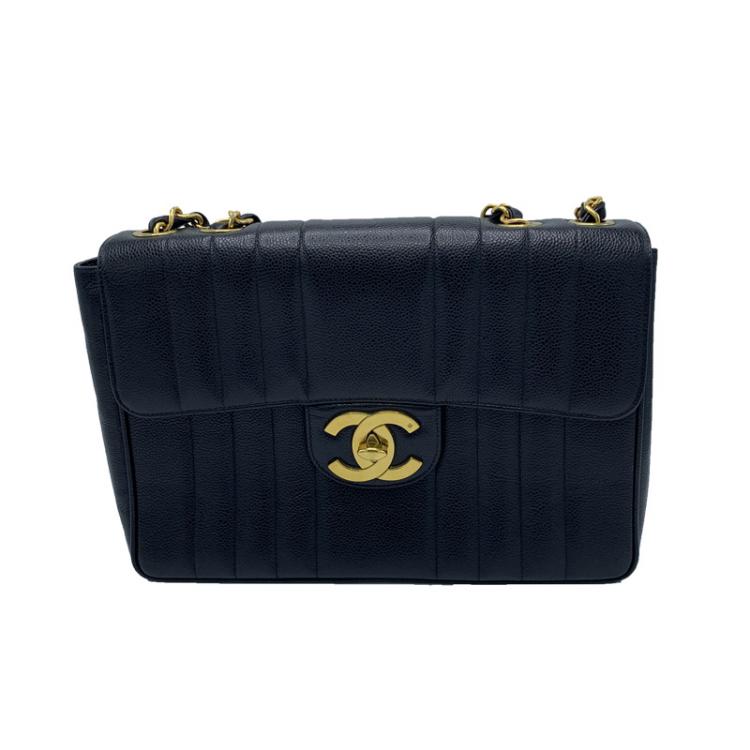 Pre Owned Chanel Black Vertical Quilted Leather Jumbo Vintage Classic Single Flap Bag