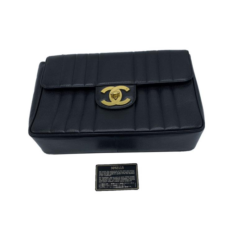Pre Owned Chanel Black Vertical Quilted Leather Jumbo Vintage Classic Single Flap Bag
