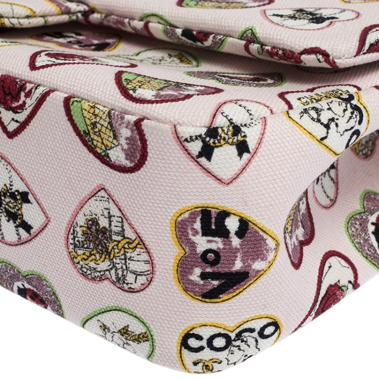 Pre Owned Chanel Multicolor Heart Printed Canvas Vintage Valentine Small Classic Single Flap Bag