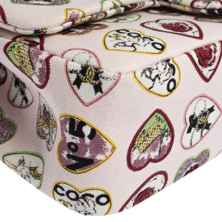 Pre Owned Chanel Multicolor Heart Printed Canvas Vintage Valentine Small Classic Single Flap Bag