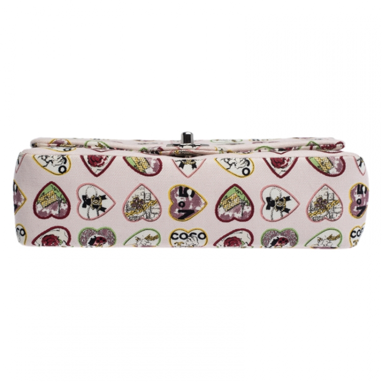 Pre Owned Chanel Multicolor Heart Printed Canvas Vintage Valentine Small Classic Single Flap Bag