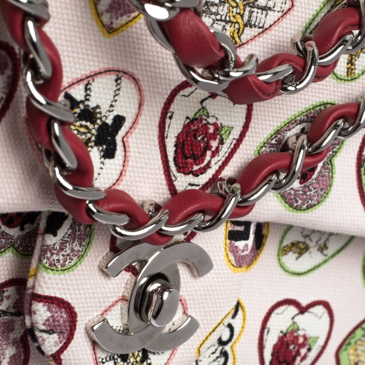 Pre Owned Chanel Multicolor Heart Printed Canvas Vintage Valentine Small Classic Single Flap Bag