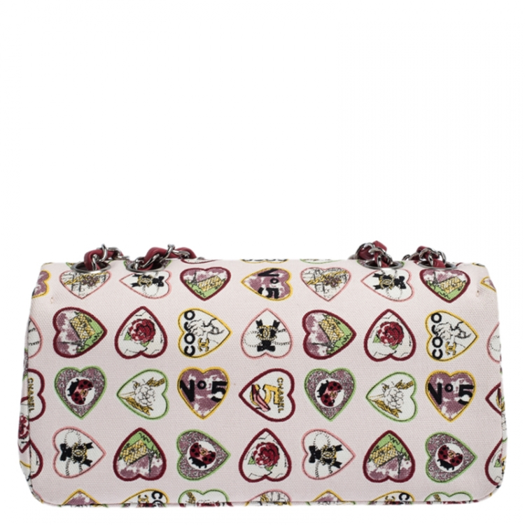 Pre Owned Chanel Multicolor Heart Printed Canvas Vintage Valentine Small Classic Single Flap Bag