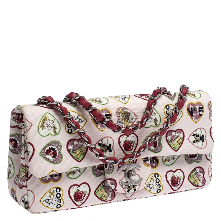 Pre Owned Chanel Multicolor Heart Printed Canvas Vintage Valentine Small Classic Single Flap Bag