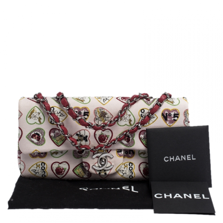 Pre Owned Chanel Multicolor Heart Printed Canvas Vintage Valentine Small Classic Single Flap Bag
