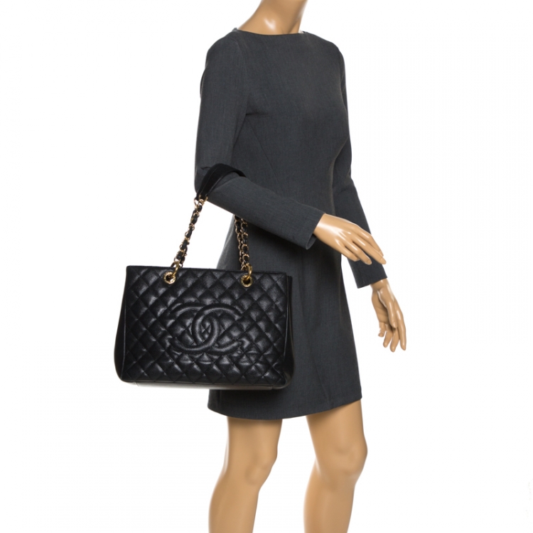 Pre Owned Chanel Black Quilted Caviar Leather Grand Shopper Tote