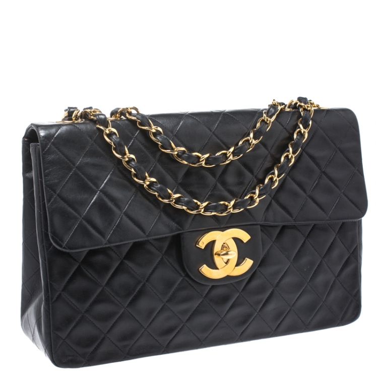 Pre Owned Chanel Black Quilted Leather Maxi Vintage Classic Single Flap Bag