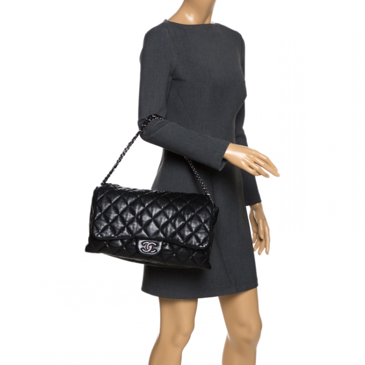 Chanel Black Soft Leather Maxi Accordion Flap Bag Chanel