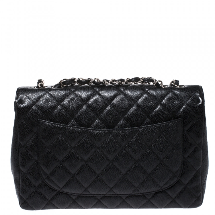 Pre Owned Chanel Black Quilted Caviar Leather Jumbo Classic Single Flap Bag