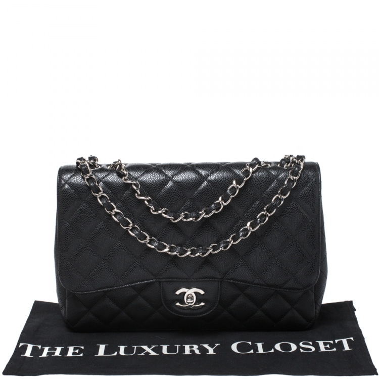 Pre Owned Chanel Black Quilted Caviar Leather Jumbo Classic Single Flap Bag