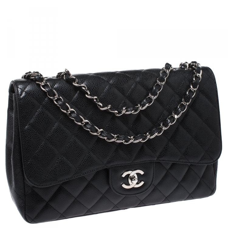 Pre Owned Chanel Black Quilted Caviar Leather Jumbo Classic Single Flap Bag
