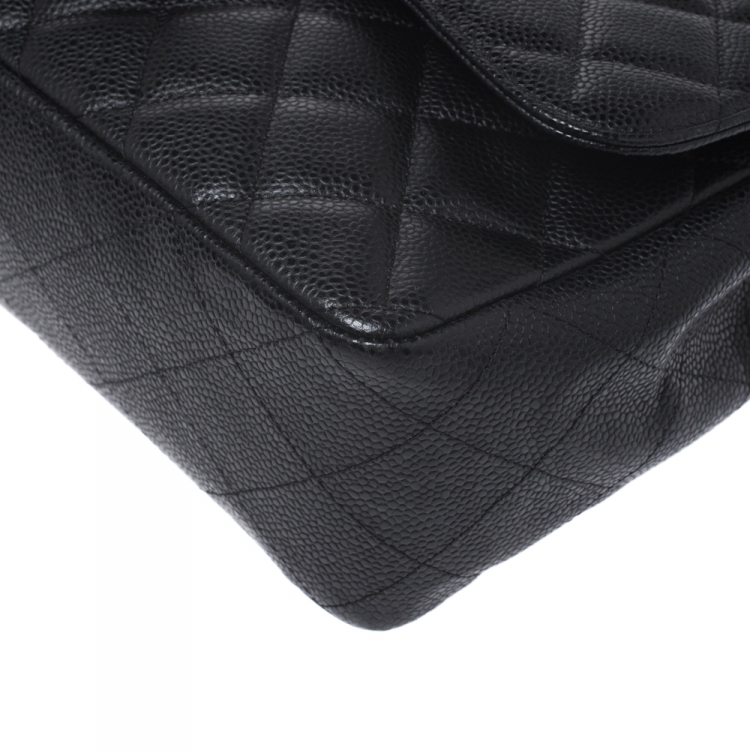 Pre Owned Chanel Black Quilted Caviar Leather Jumbo Classic Single Flap Bag