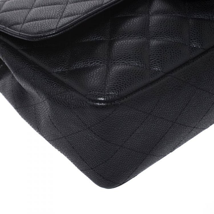 Pre Owned Chanel Black Quilted Caviar Leather Jumbo Classic Single Flap Bag