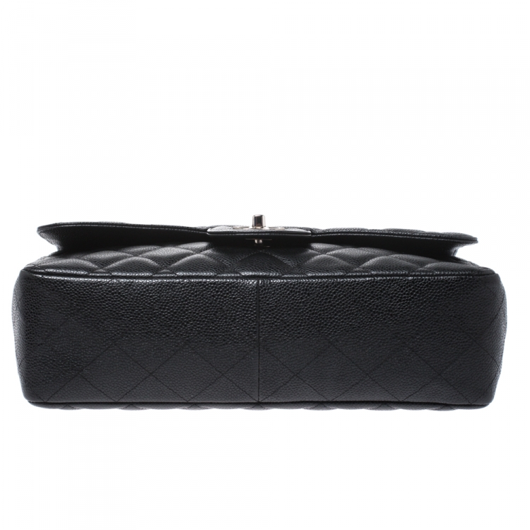 Pre Owned Chanel Black Quilted Caviar Leather Jumbo Classic Single Flap Bag
